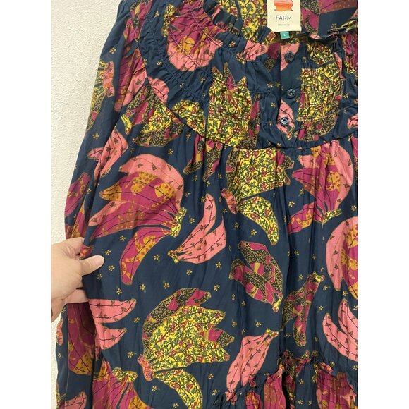 Farm Rio Banana Dress Womens Large Blue Pink Floral Boho Long Sleeve Tiered - Picture 4 of 5